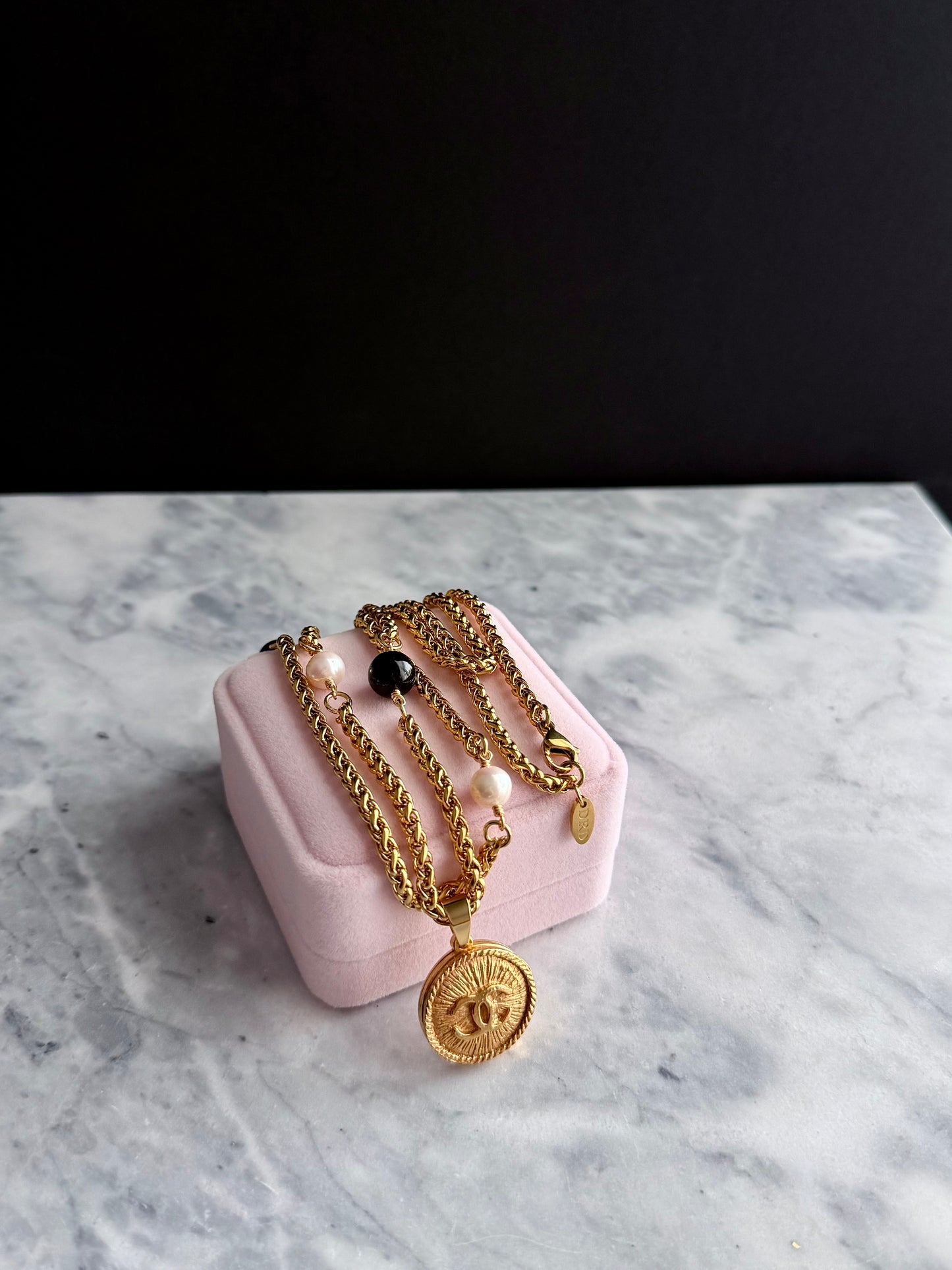 ✨ Long double wrap One of a kind black and white pearls and Authentic Reworked button necklace