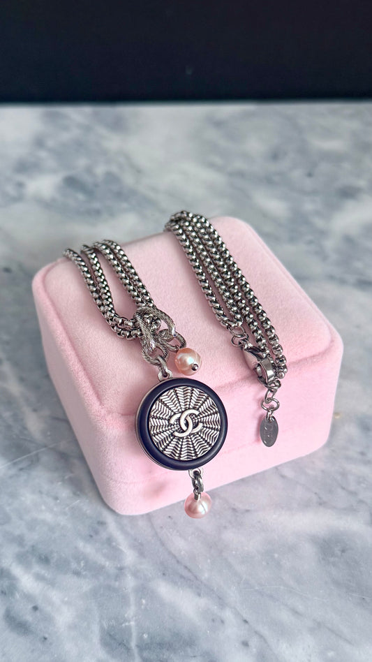 ✨ DOUBLE CHAIN - Authentic Reworked silver Button Necklace