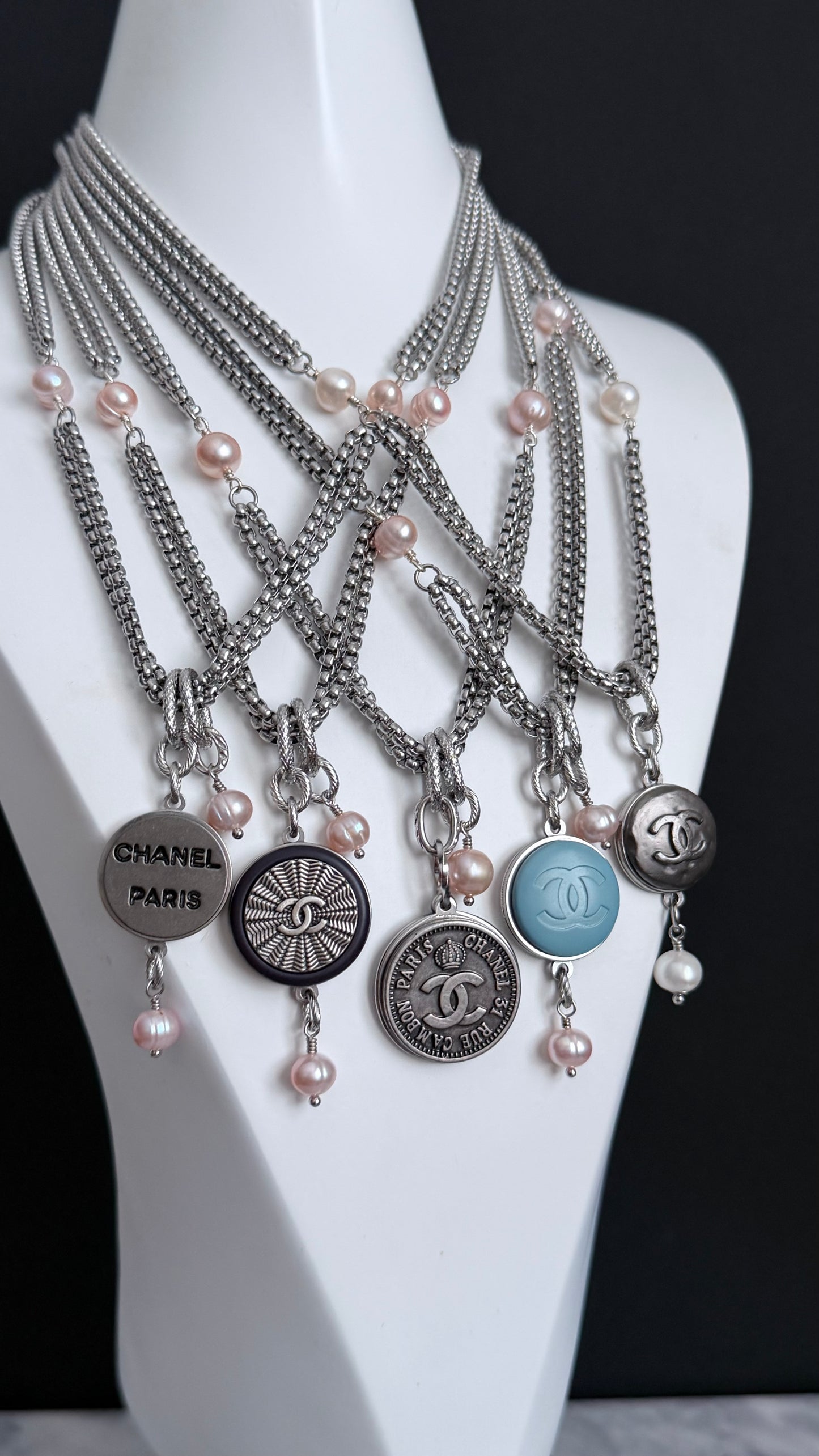 ✨ DOUBLE CHAIN - Authentic Reworked silver Button Necklace