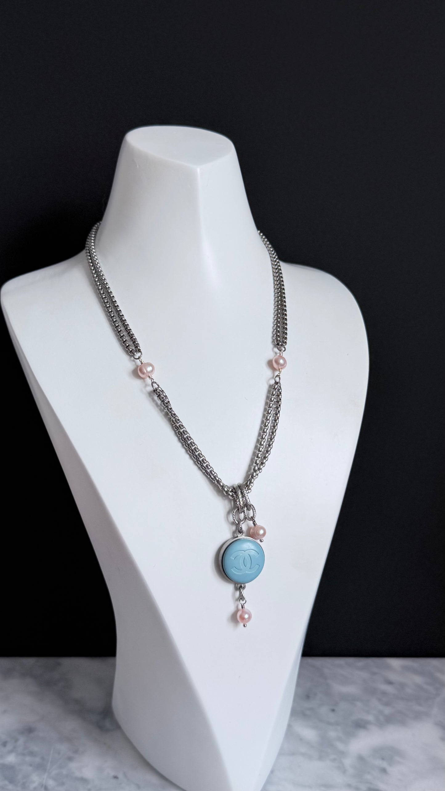 ✨ DOUBLE CHAIN - Authentic Reworked silver Button Necklace