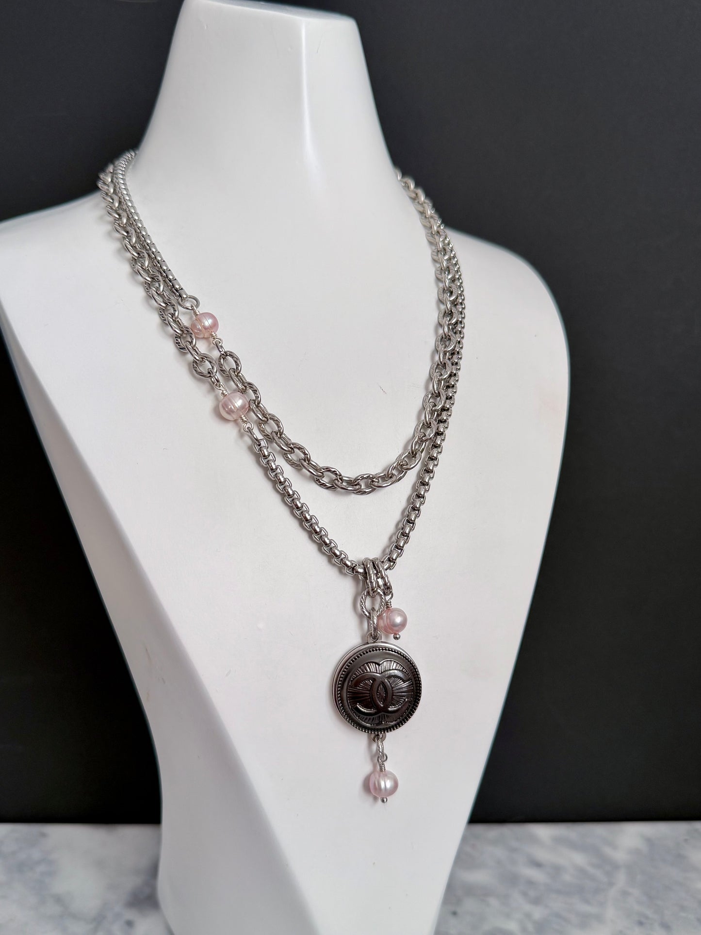 🖤 ONE OF A KIND - Authentic Reworked silver Button Double wrap Necklace