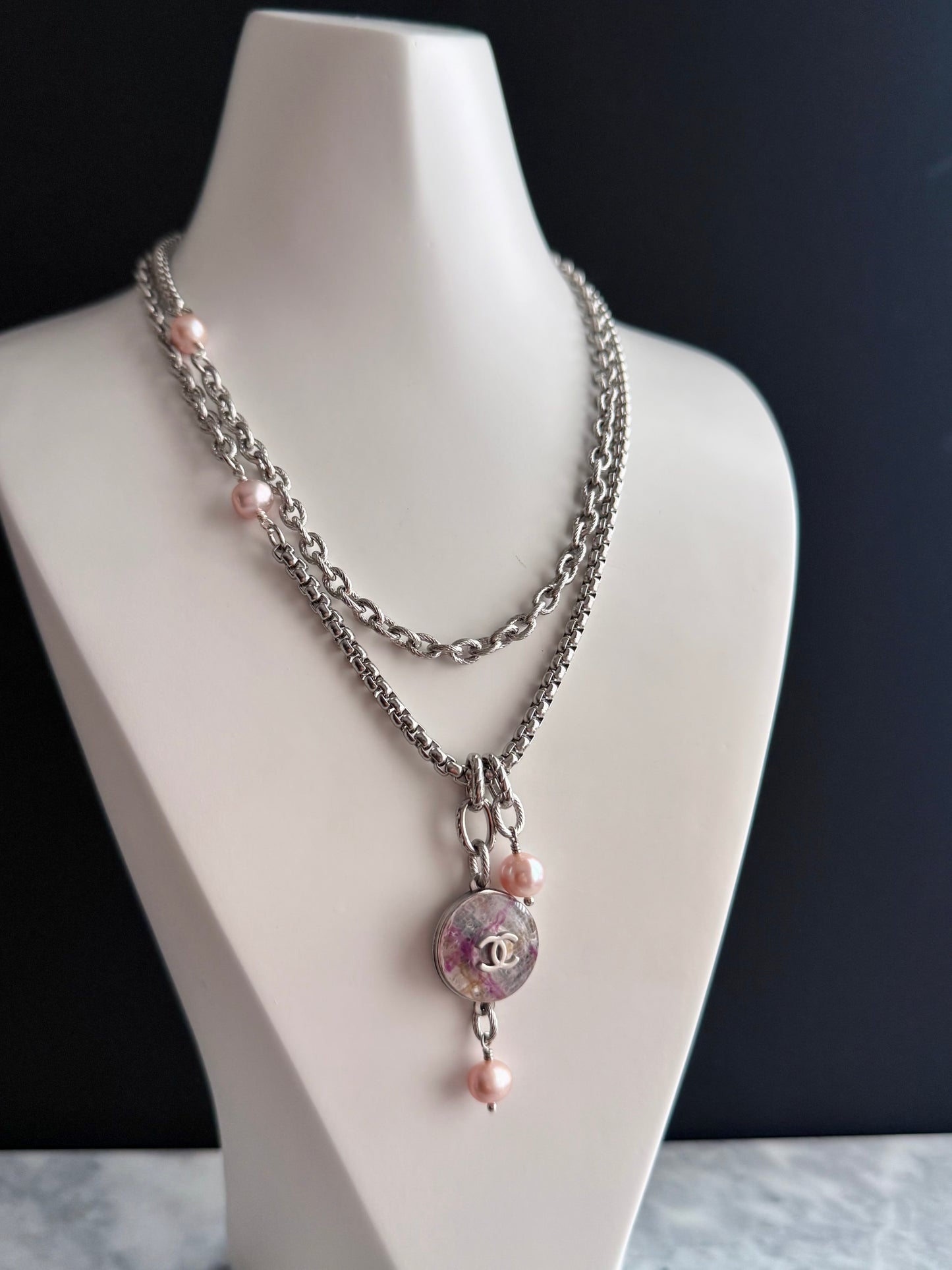 🌸 ONE OF A KIND - Authentic Reworked silver Button Double wrap Necklace