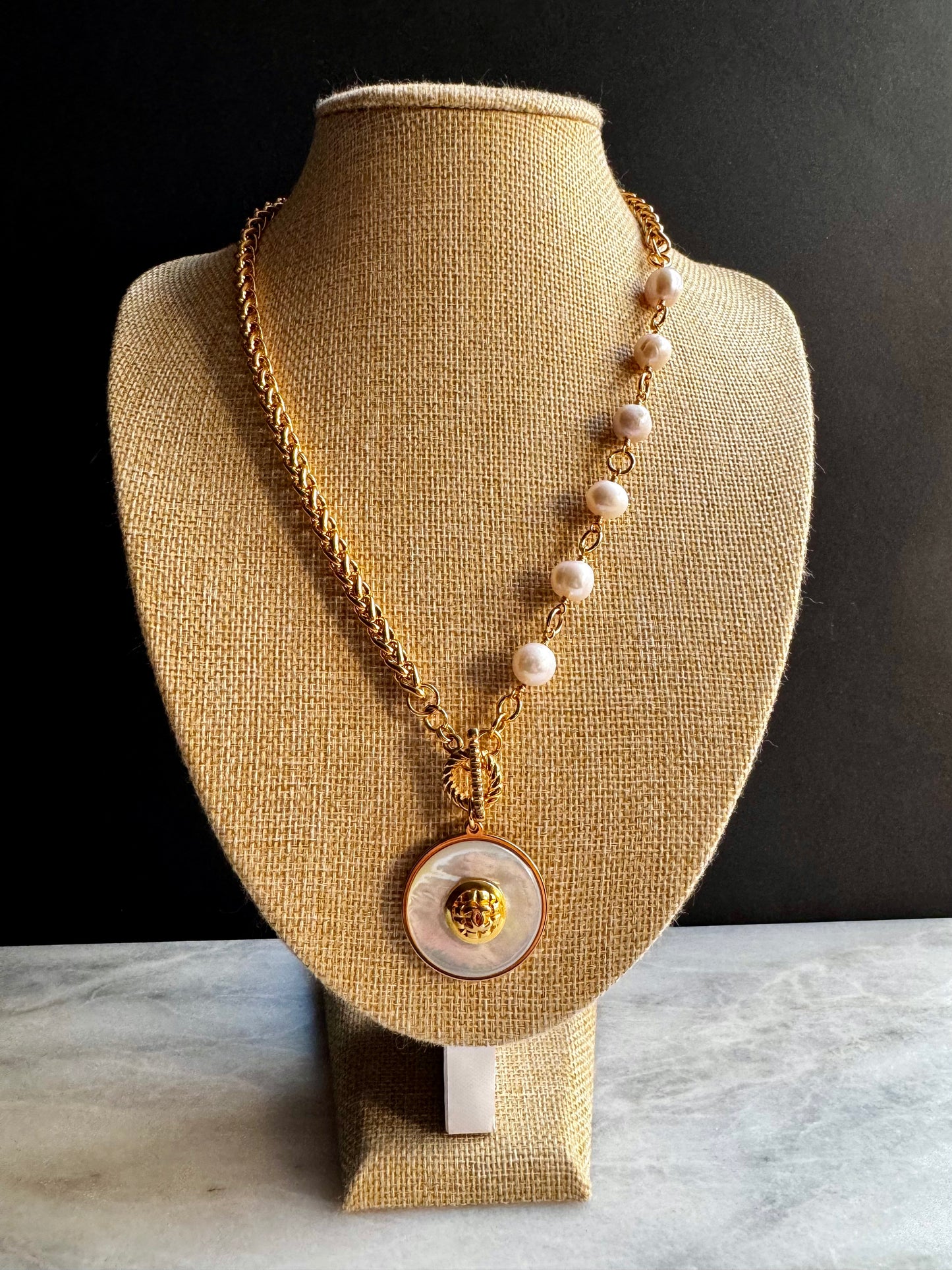 SUPER RARE Large MOTHER OF PEARL and Vintage Authentic reworked Gold button Necklace