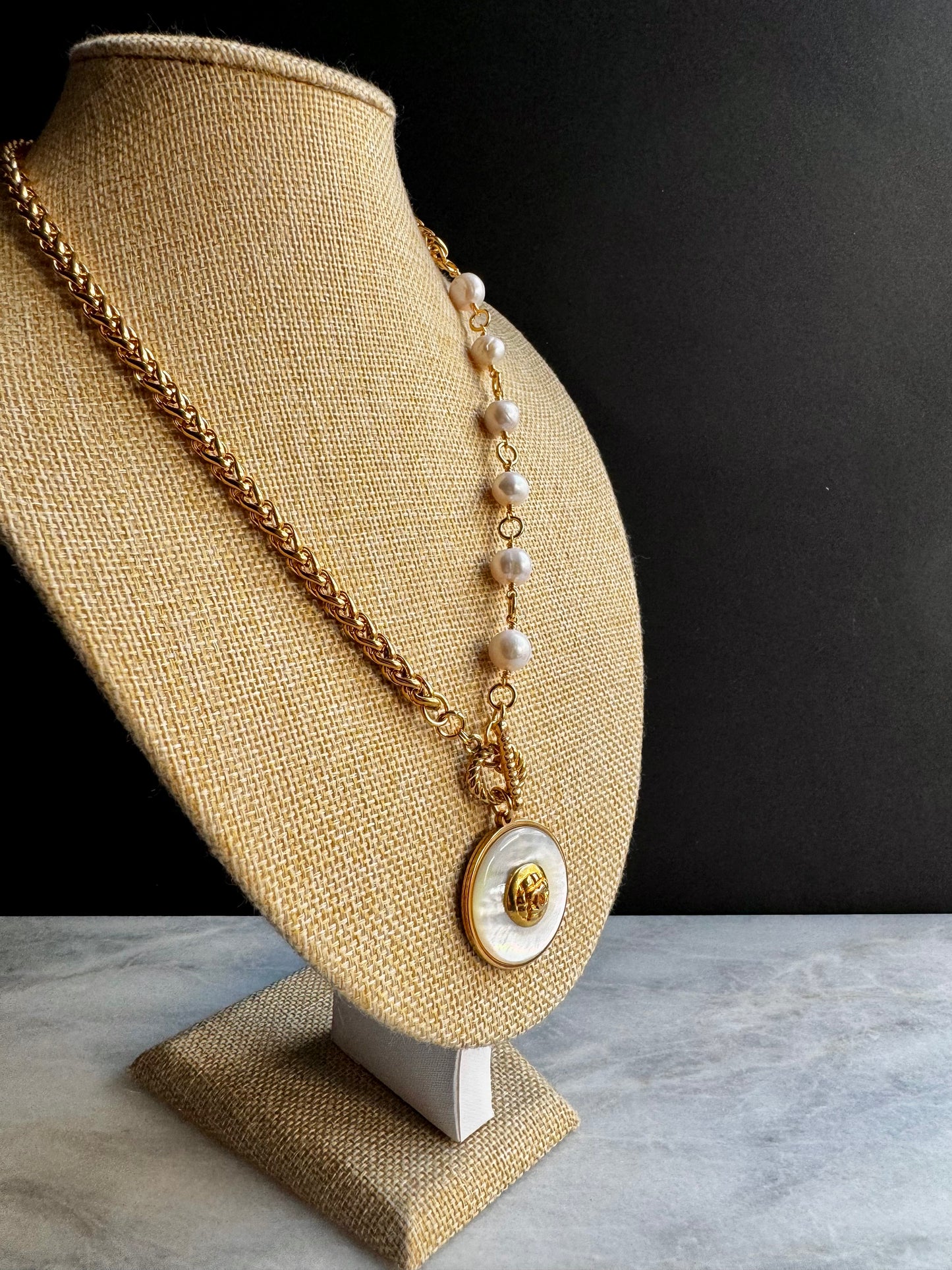 SUPER RARE Large MOTHER OF PEARL and Vintage Authentic reworked Gold button Necklace