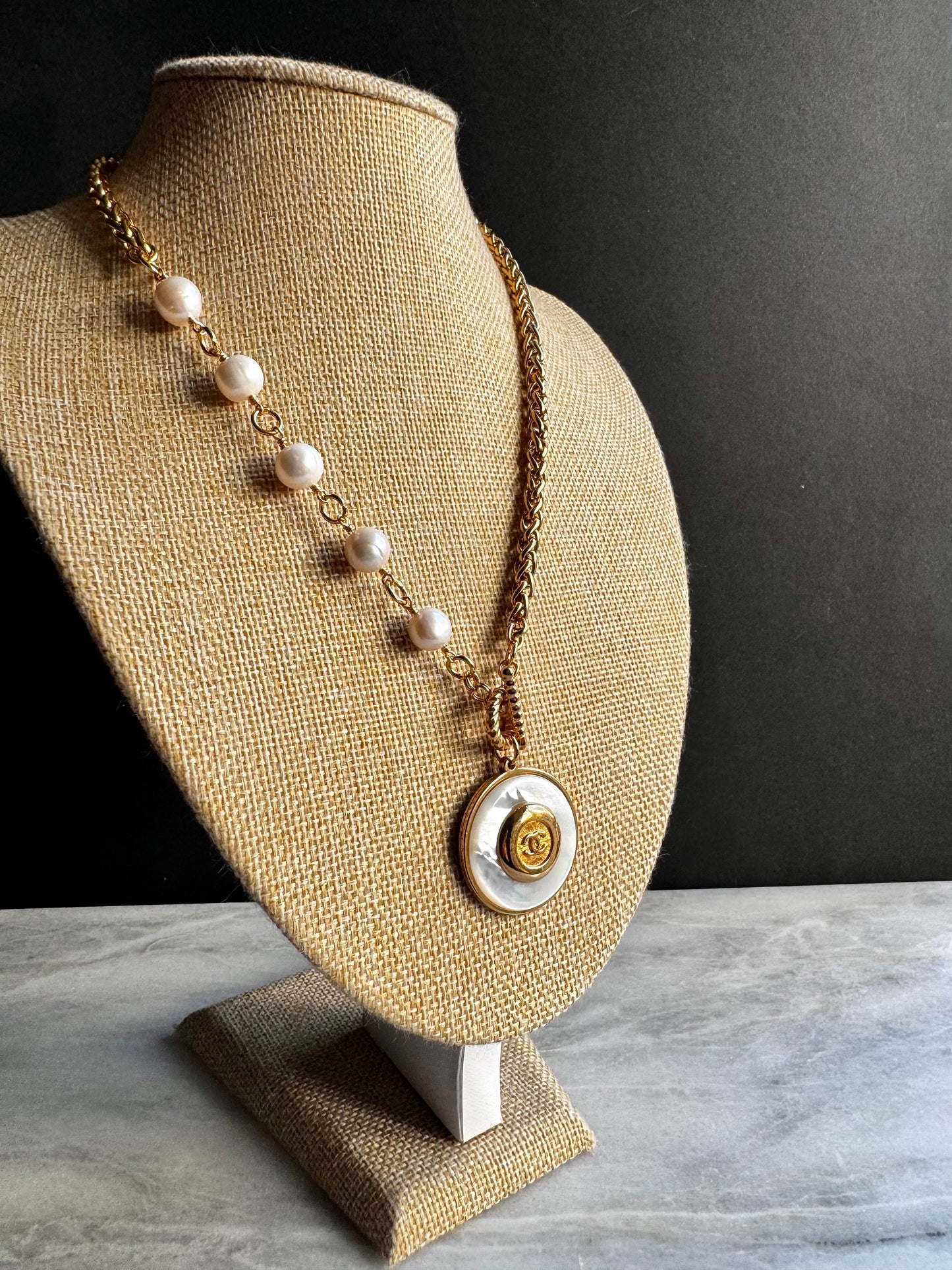 SUPER RARE Large MOTHER OF PEARL and Vintage Authentic reworked Gold button Necklace