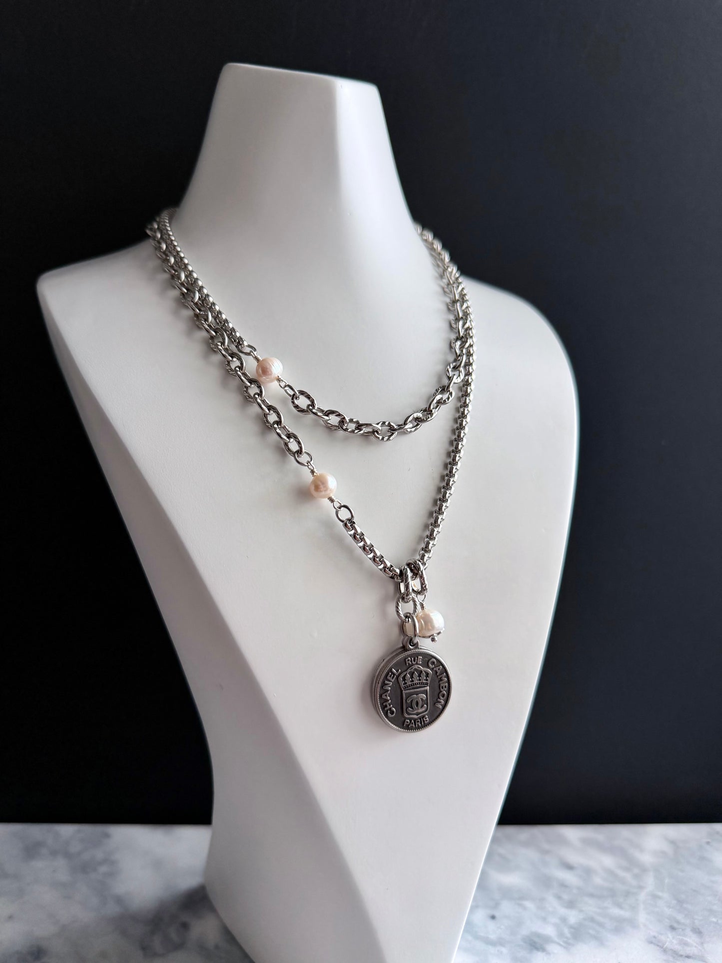 🤍 ONE OF A KIND - Authentic Reworked silver Button Double wrap Necklace