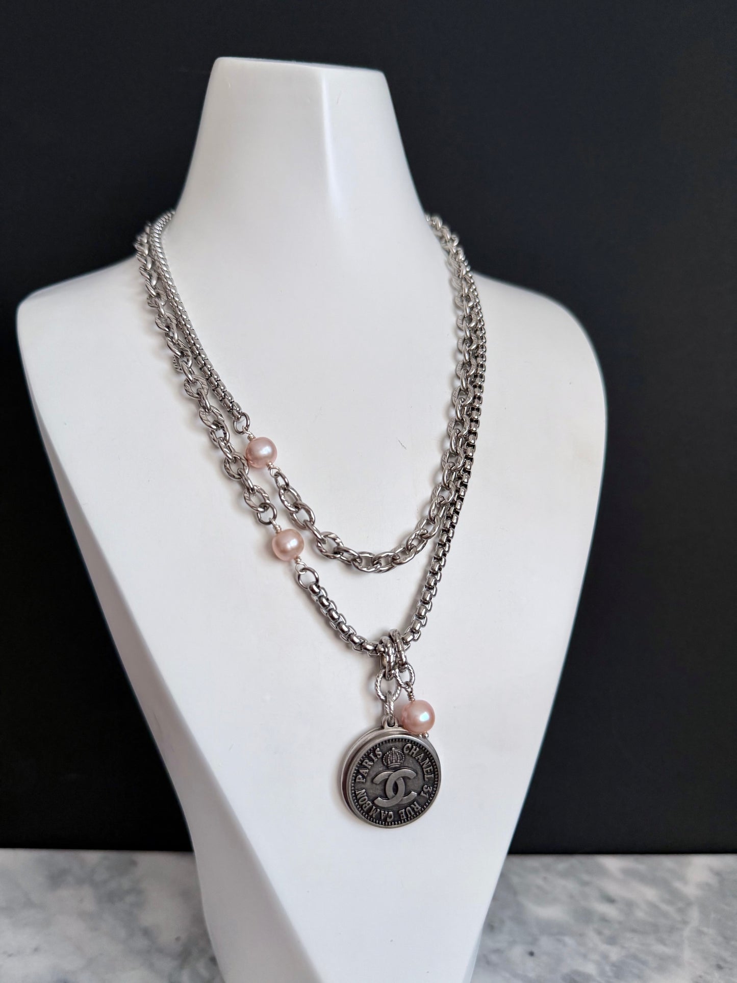 🖤 ONE OF A KIND - Authentic Reworked silver Button Double wrap Necklace
