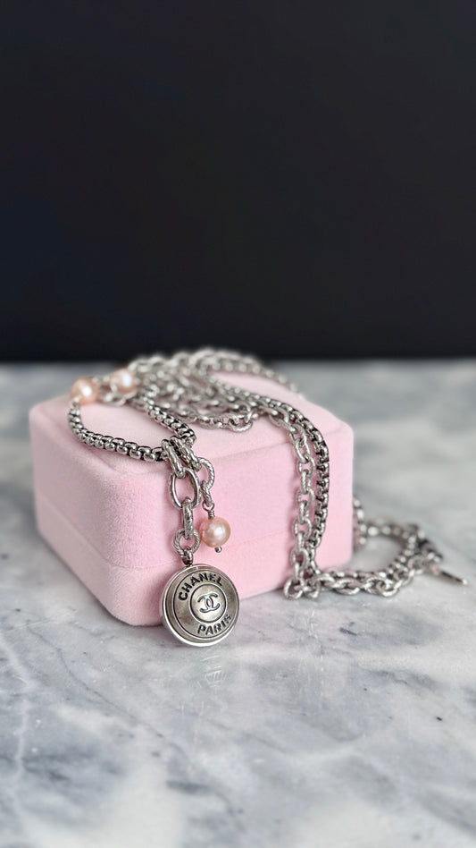 🖤 ONE OF A KIND - Authentic Reworked silver Button Double wrap Necklace