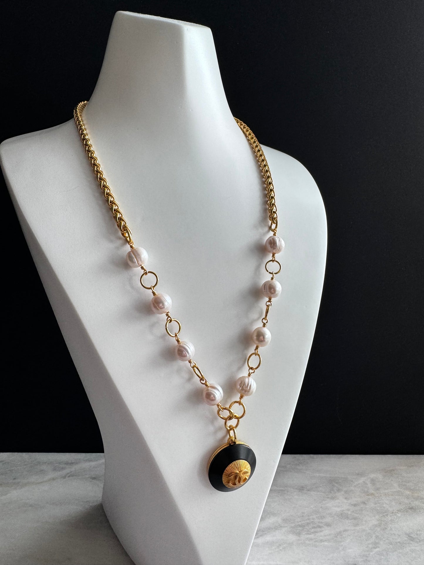 Huge One of a kind white pearls and Authentic Reworked button necklace