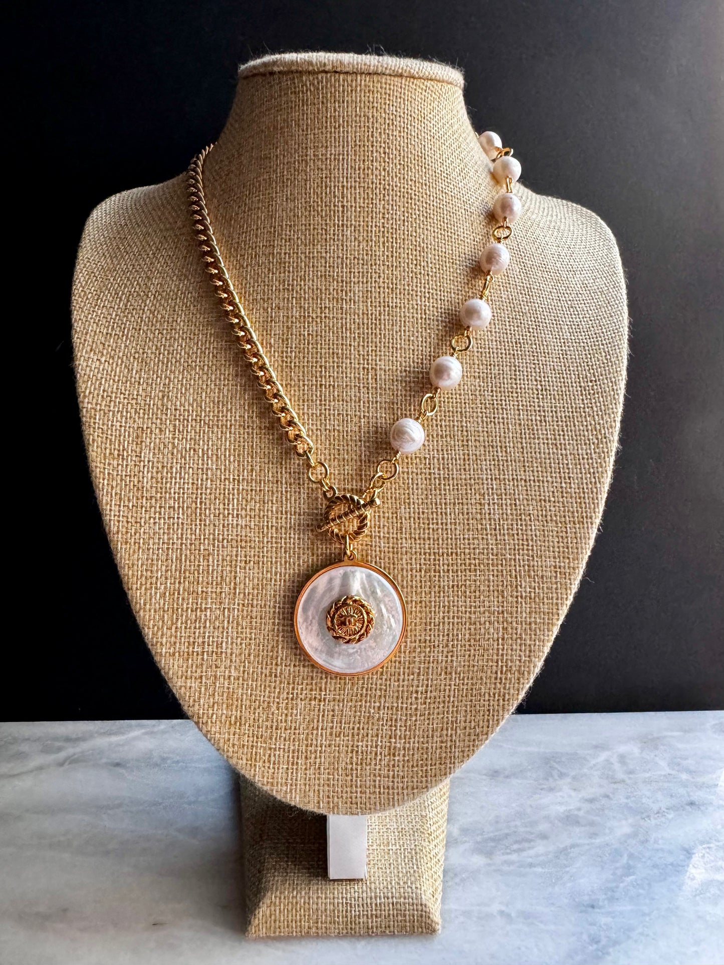 SUPER RARE Large MOTHER OF PEARL and Vintage Authentic reworked Gold button Necklace