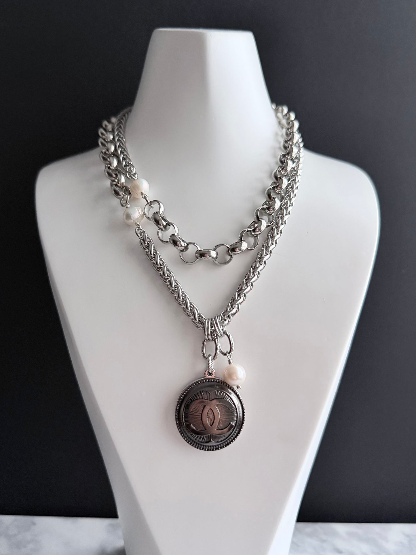 🖤 HUGE ONE OF A KIND - Authentic Reworked silver Button Double wrap Necklace