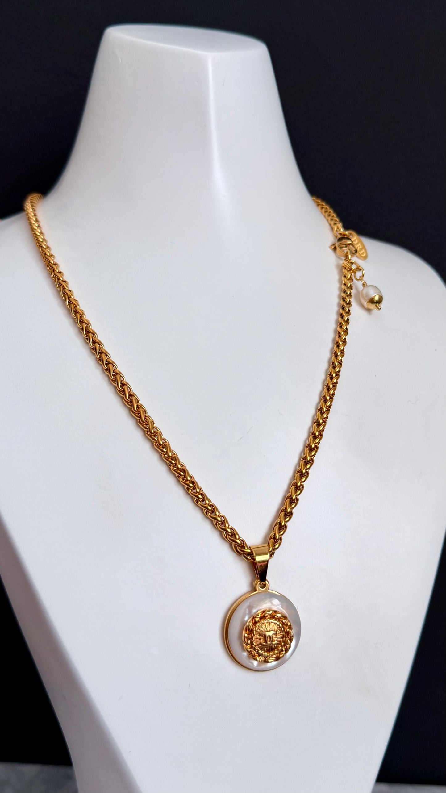 SUPER RARE MOTHER OF PEARL and Vintage Authentic reworked gold button Necklace