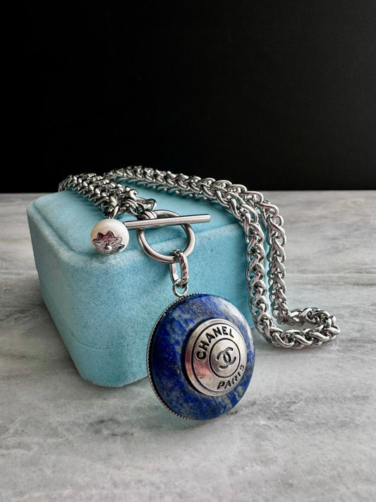 Blue stone One of a kind Authentic Reworked button necklace