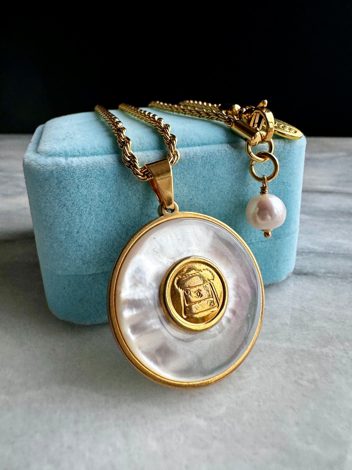 MOTHER OF PEARL One of a kind pearl and Authentic Reworked button necklace