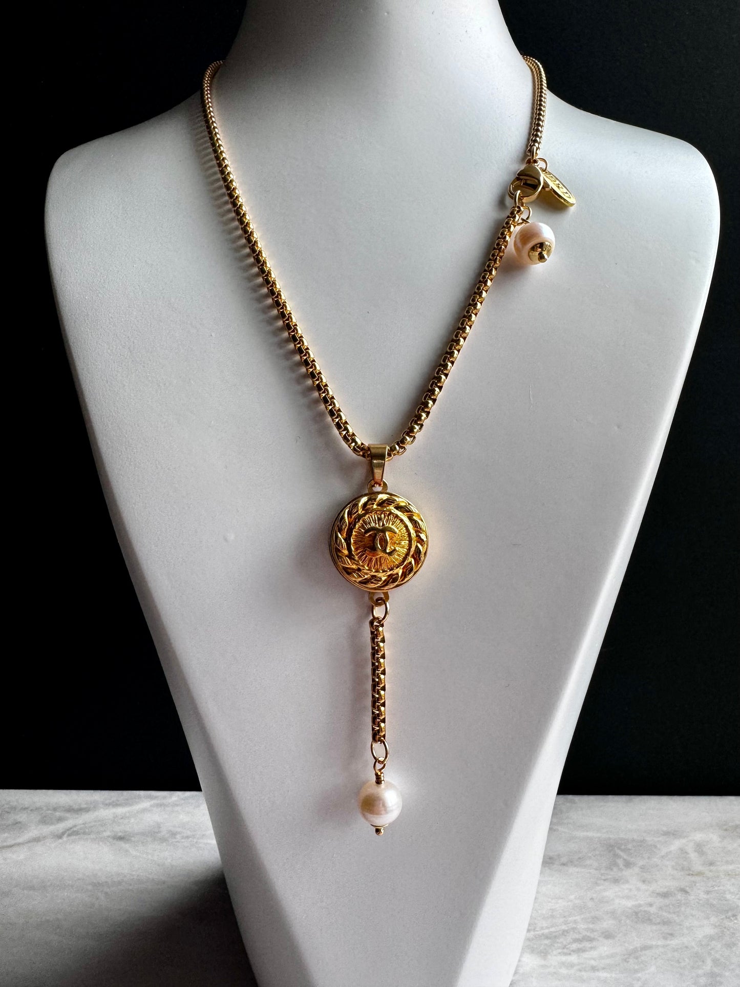 Vintage Authentic reworked Gold button Necklace Y lariat