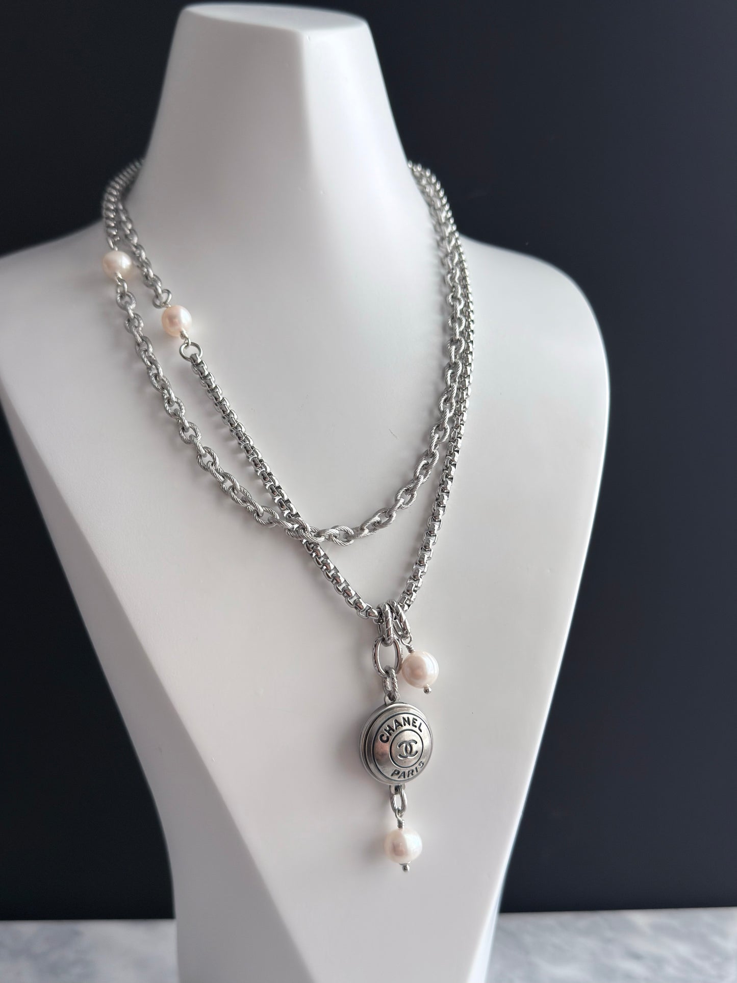 🤍 ONE OF A KIND - Authentic Reworked silver Button Double wrap Necklace