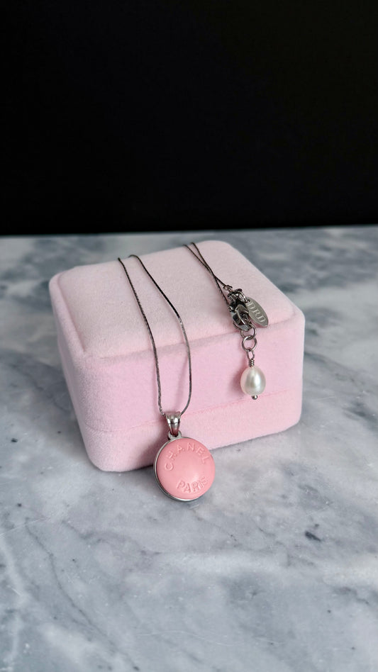🌸 Reworked Authentic sterling silver button necklace with sterling silver chain - SMALLER SIZE WITH WHITE PEARL