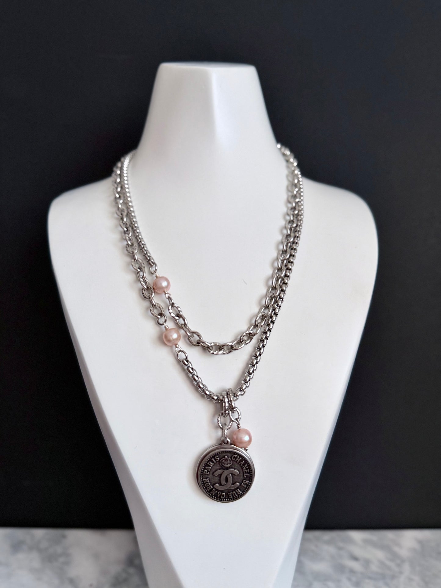 🖤 ONE OF A KIND - Authentic Reworked silver Button Double wrap Necklace