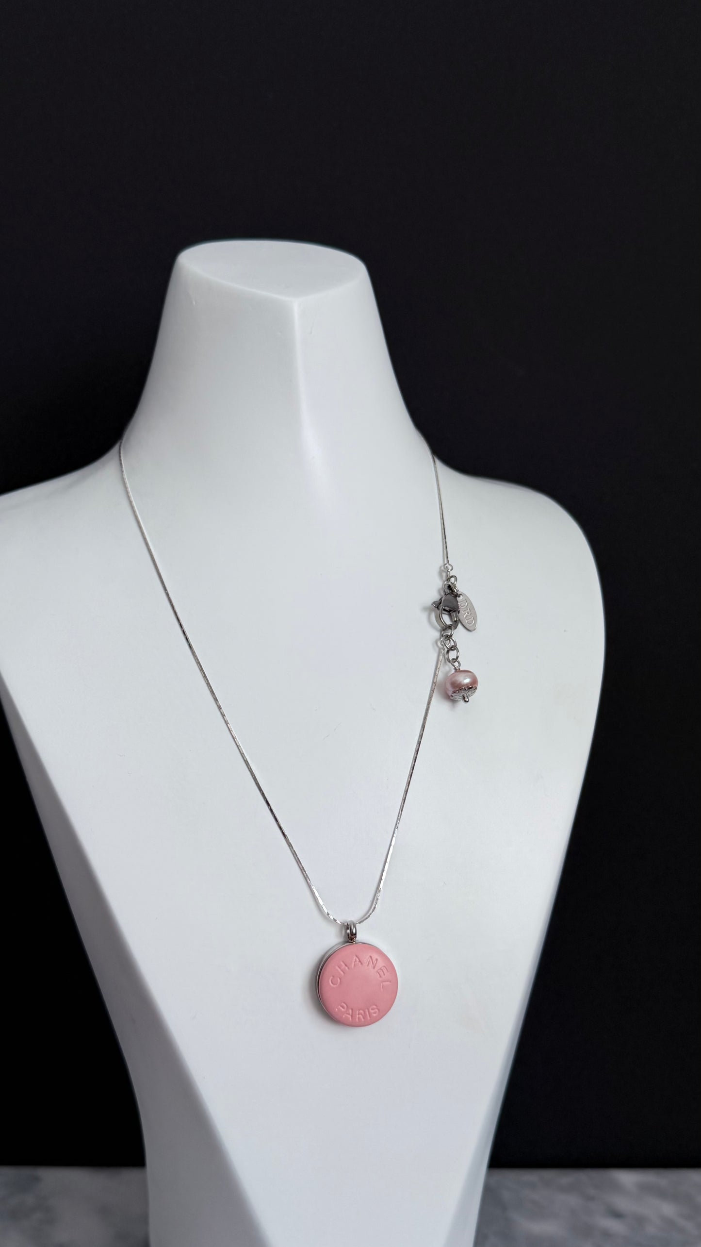 🌸 Reworked Authentic sterling silver button necklace with sterling silver chain - MEDIUM SIZE WITH PINK PEARL