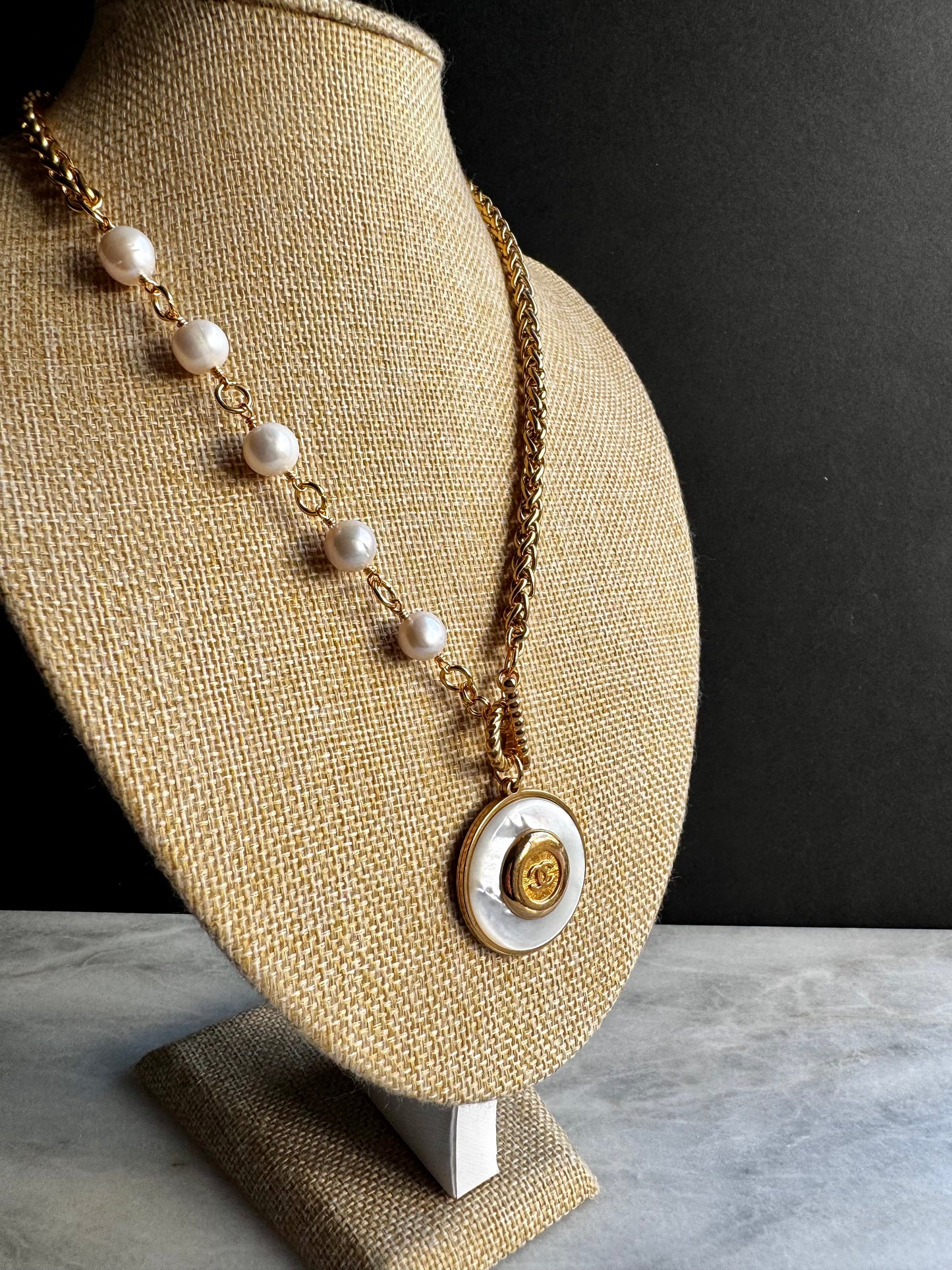 SUPER RARE Large MOTHER OF PEARL and Vintage Authentic reworked Gold button Necklace