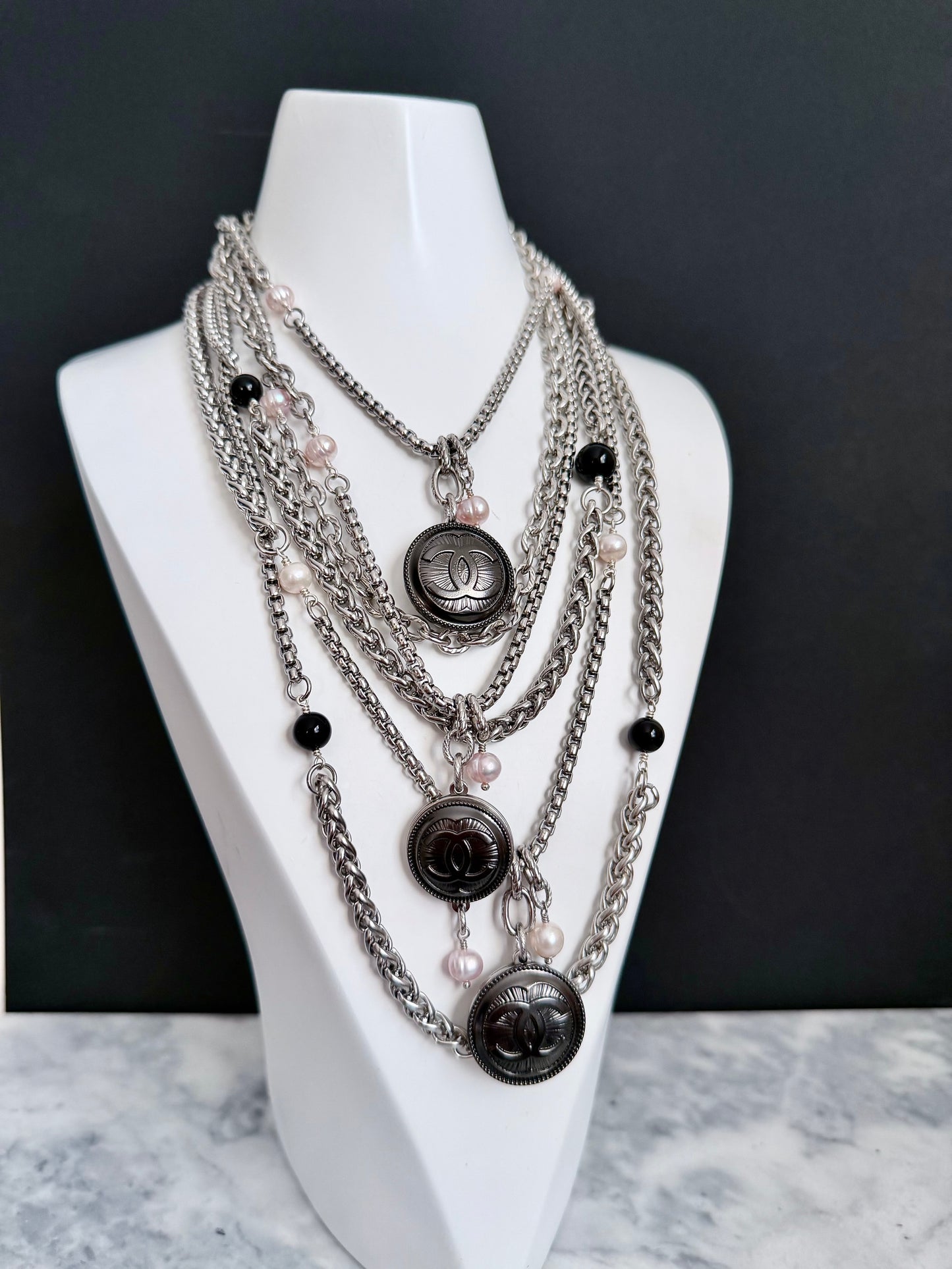 🖤 ONE OF A KIND - Authentic Reworked silver Button Double wrap Necklace