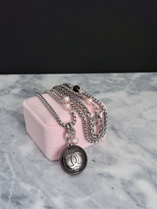 🖤 ONE OF A KIND - Authentic Reworked silver Button Double wrap Necklace