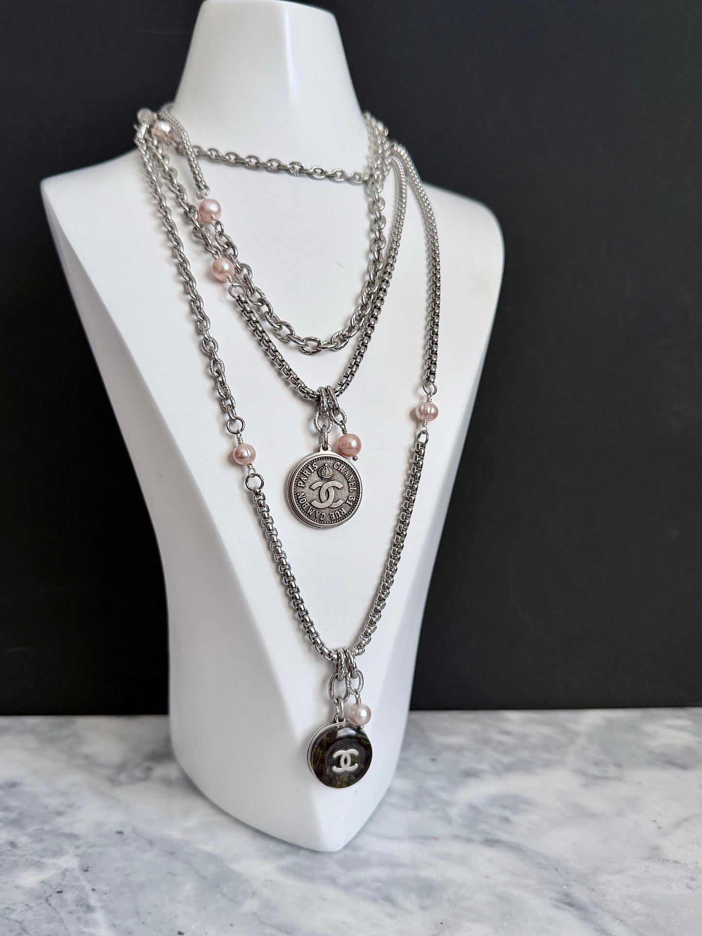 🖤 ONE OF A KIND - Authentic Reworked silver Button Double wrap Necklace