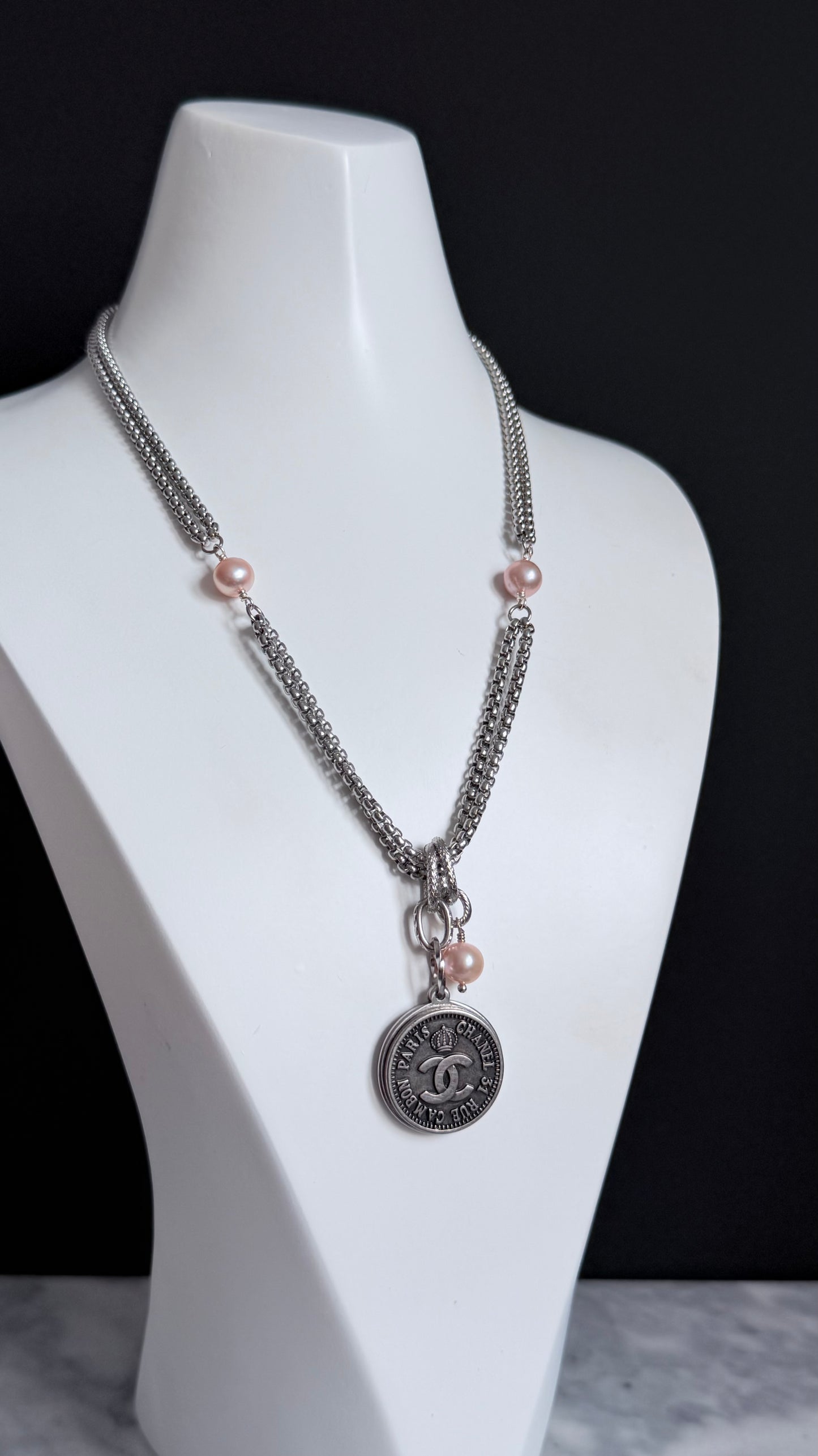✨ DOUBLE CHAIN - Authentic Reworked silver Button Necklace