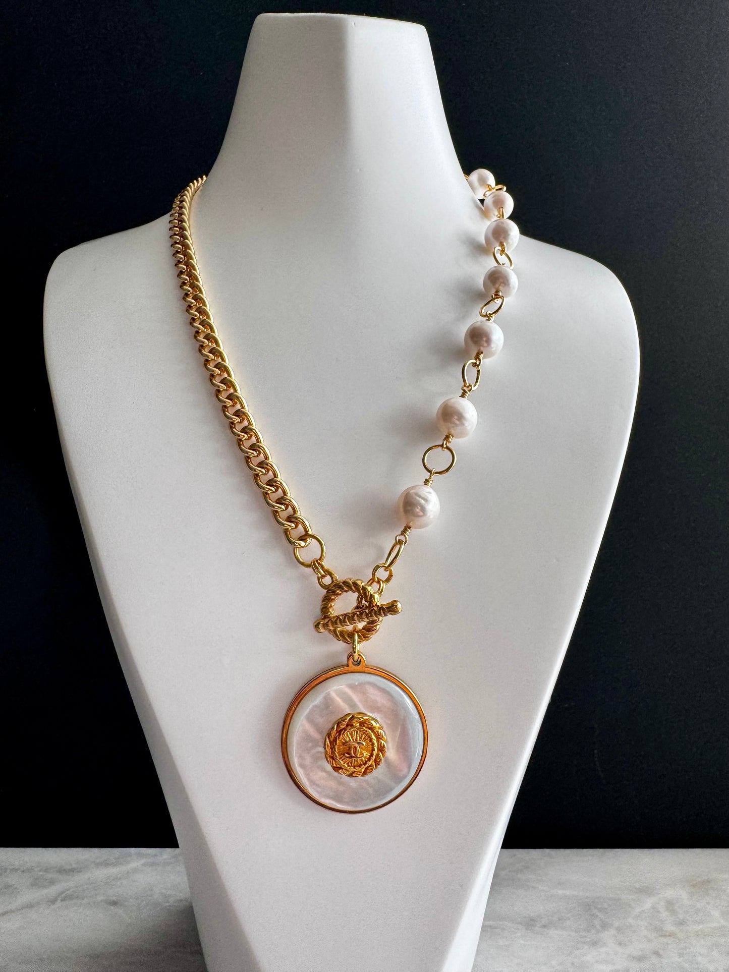 SUPER RARE Large MOTHER OF PEARL and Vintage Authentic reworked Gold button Necklace