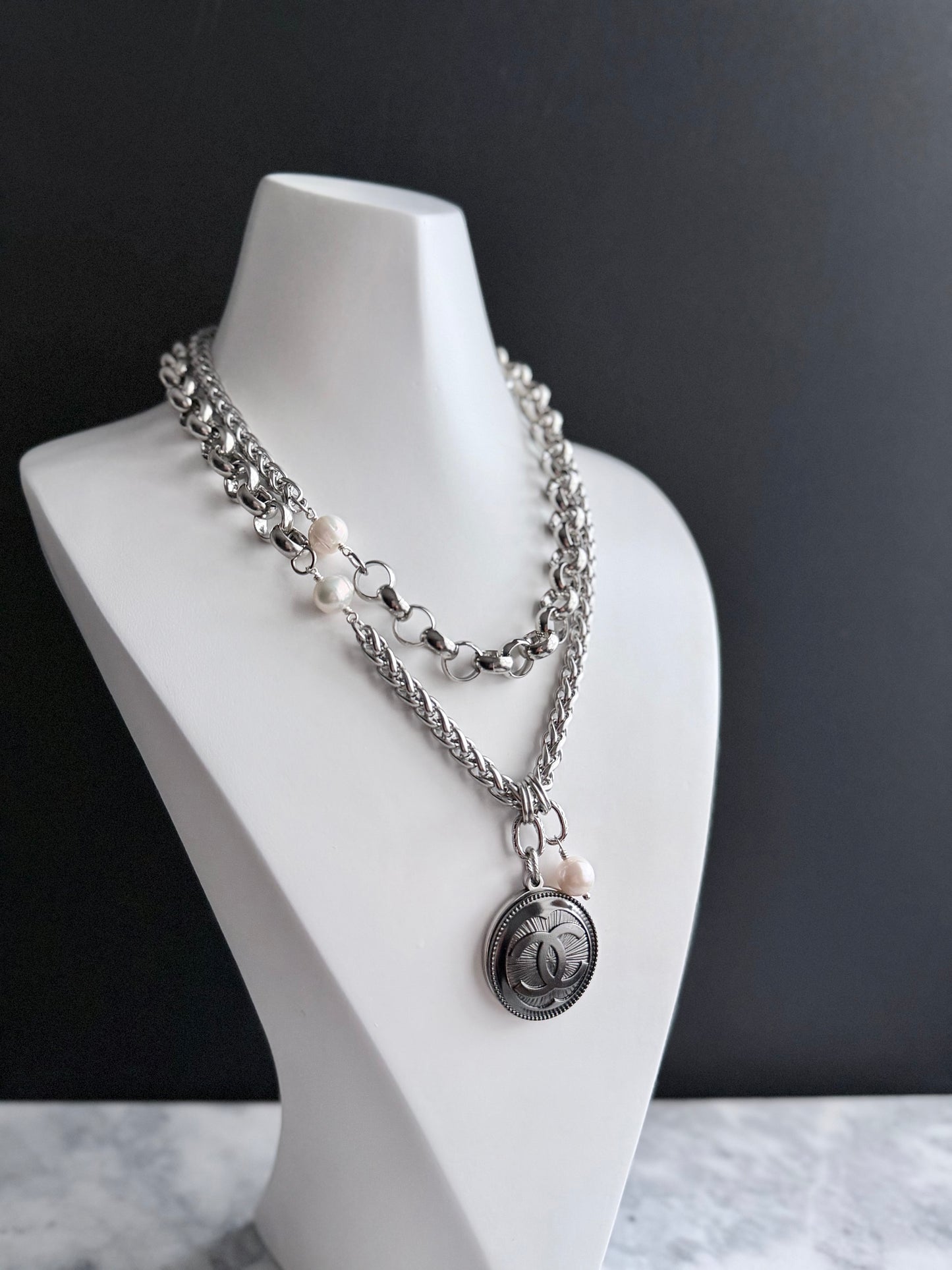 🖤 HUGE ONE OF A KIND - Authentic Reworked silver Button Double wrap Necklace
