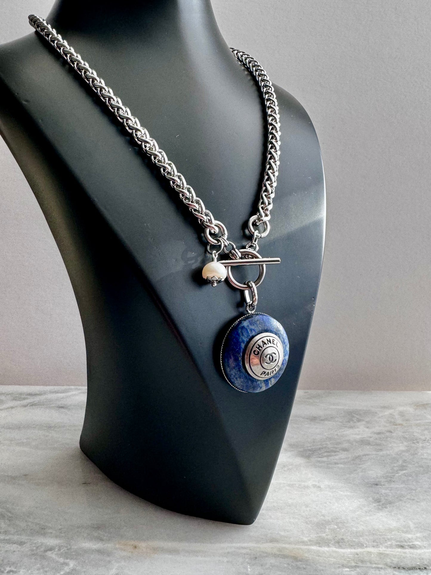 Blue stone One of a kind Authentic Reworked button necklace