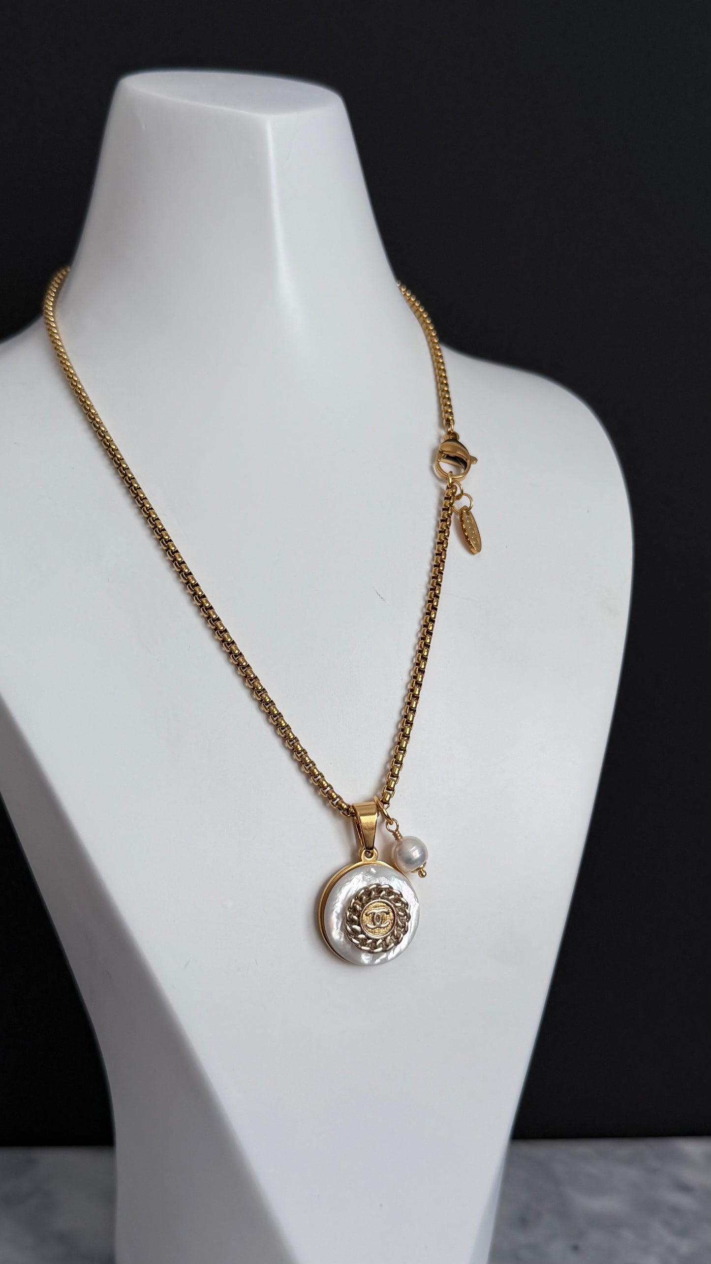 SUPER RARE MOTHER OF PEARL and Vintage Authentic reworked Gold button Necklace