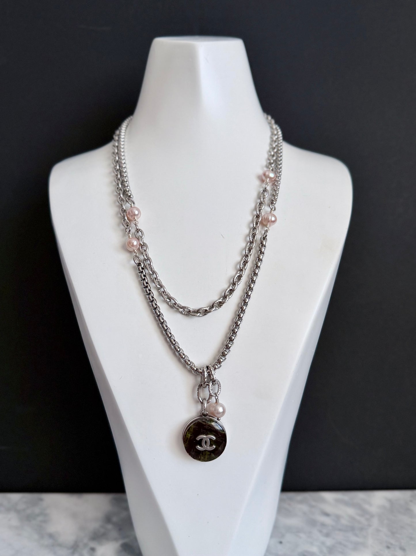 💚 ONE OF A KIND - Authentic Reworked silver Button Double wrap necklace