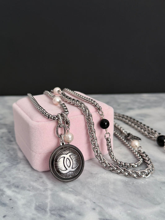 🖤 ONE OF A KIND - Authentic Reworked silver Button Double wrap Necklace