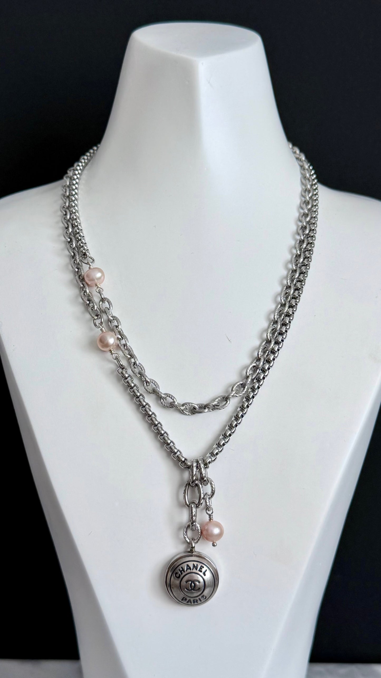 🖤 ONE OF A KIND - Authentic Reworked silver Button Double wrap Necklace