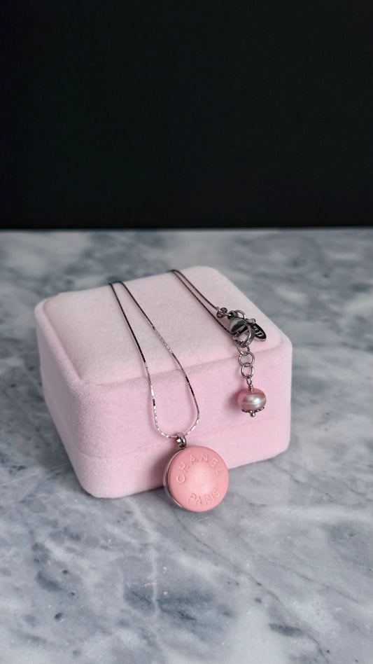 🌸 Reworked Authentic sterling silver button necklace with sterling silver chain - MEDIUM SIZE WITH PINK PEARL