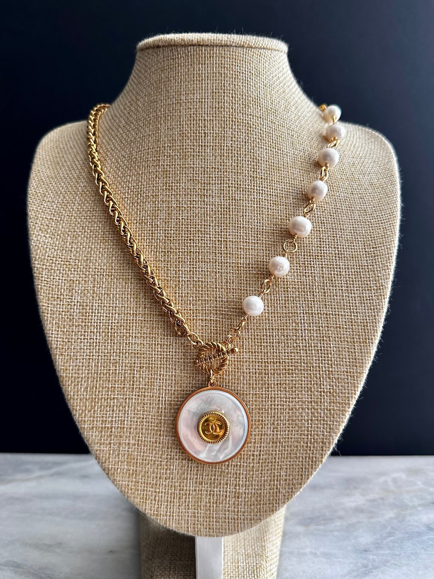 SUPER RARE Large MOTHER OF PEARL and Vintage Authentic reworked Gold button Necklace