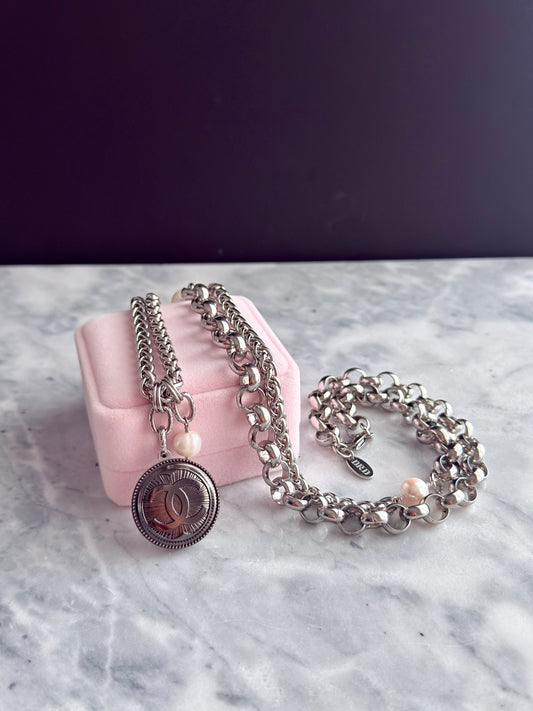 🤍 ONE OF A KIND - Authentic Reworked silver Button Double wrap Necklace