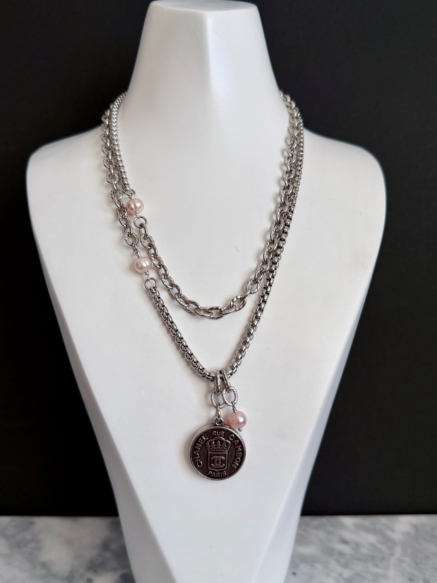 🖤 ONE OF A KIND - Authentic Reworked silver Button Double wrap Necklace