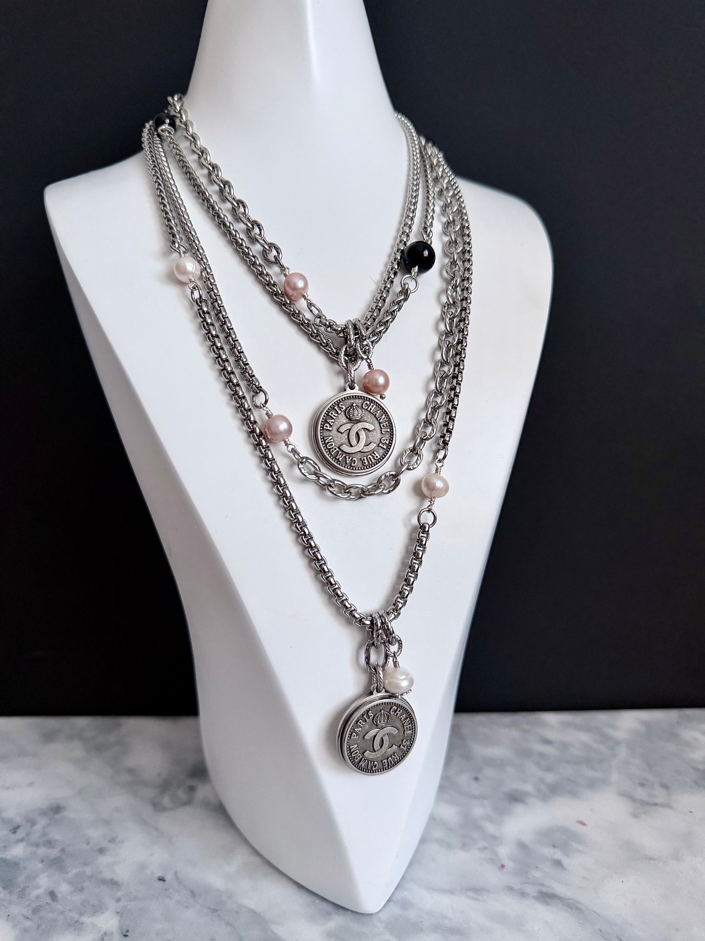 🖤 ONE OF A KIND - Authentic Reworked silver Button Double wrap Necklace