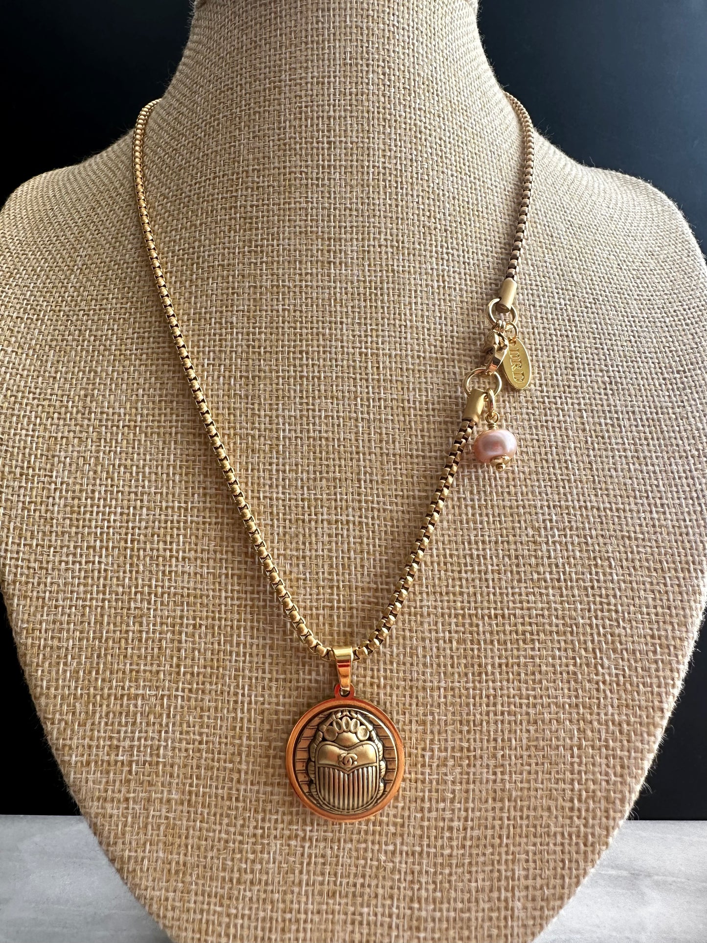 Vintage Authentic reworked Gold scarab beetle button Necklace