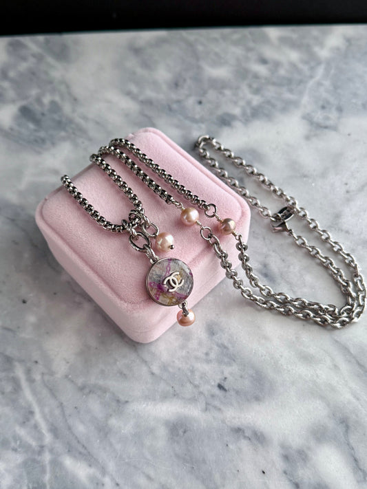 🌸 ONE OF A KIND - Authentic Reworked silver Button Double wrap Necklace