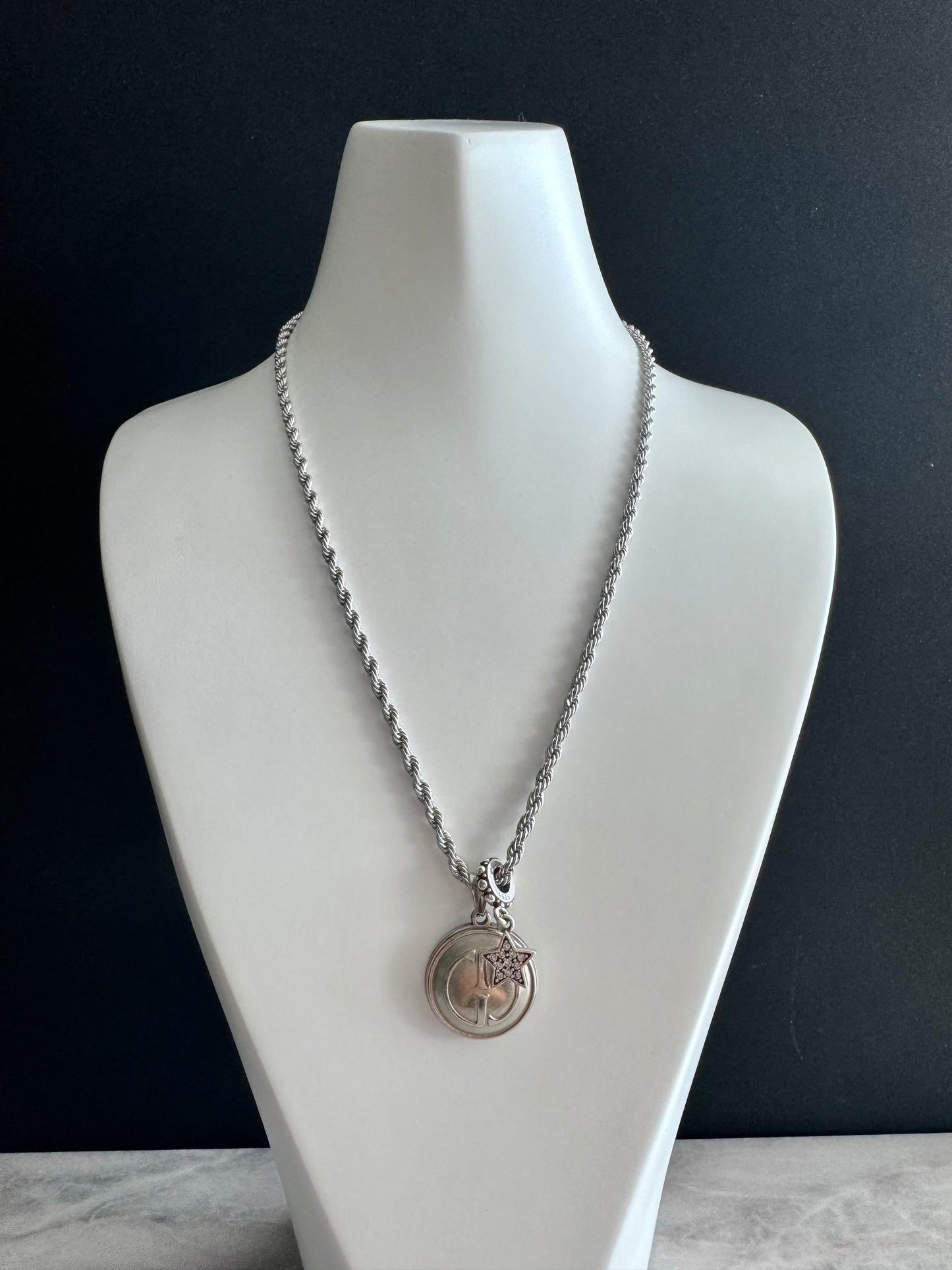 Authentic Reworked silver Gucci Button made with a leather necklace