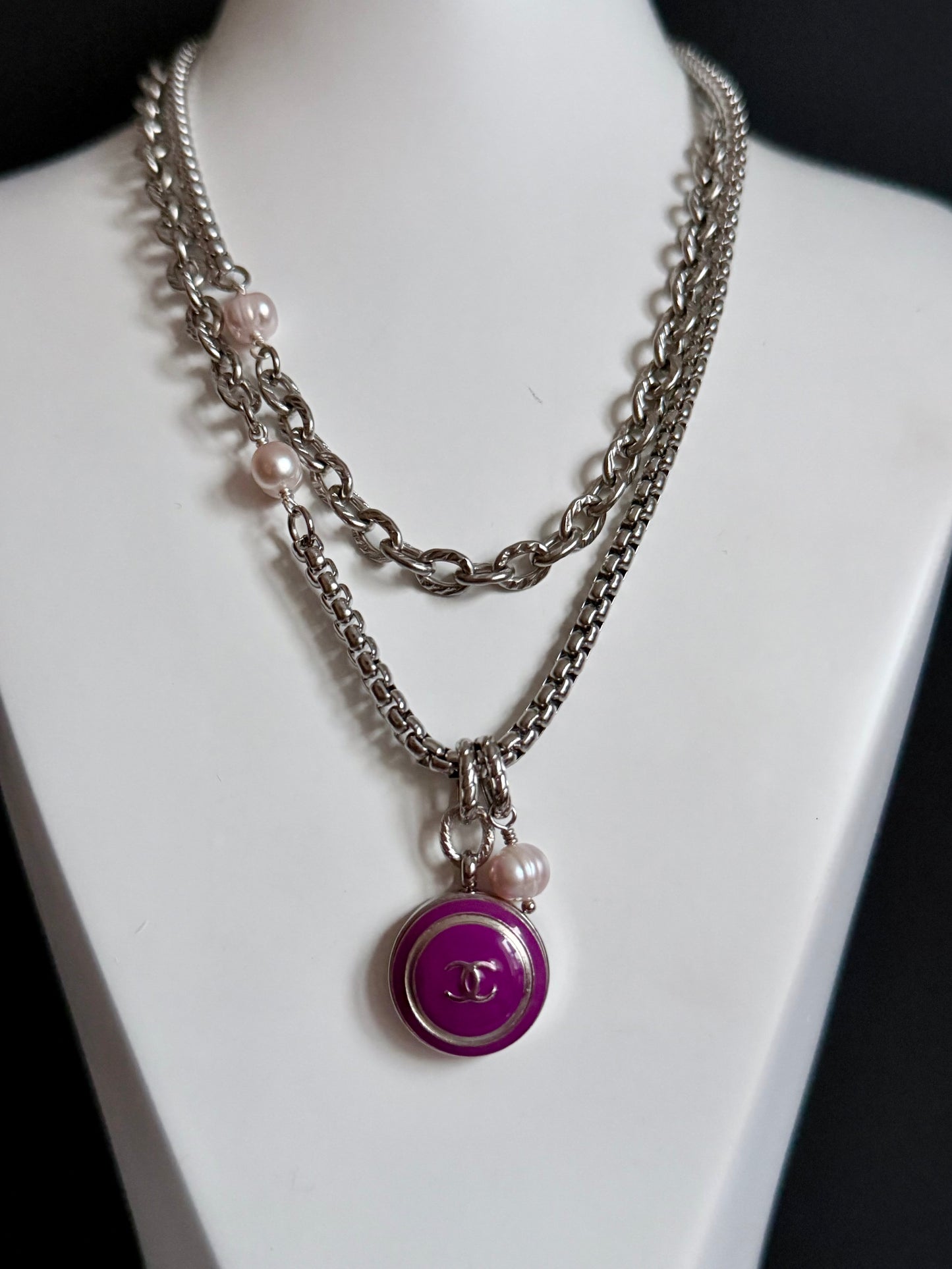 💜 ONE OF A KIND - Authentic Reworked silver Button Double wrap Necklace