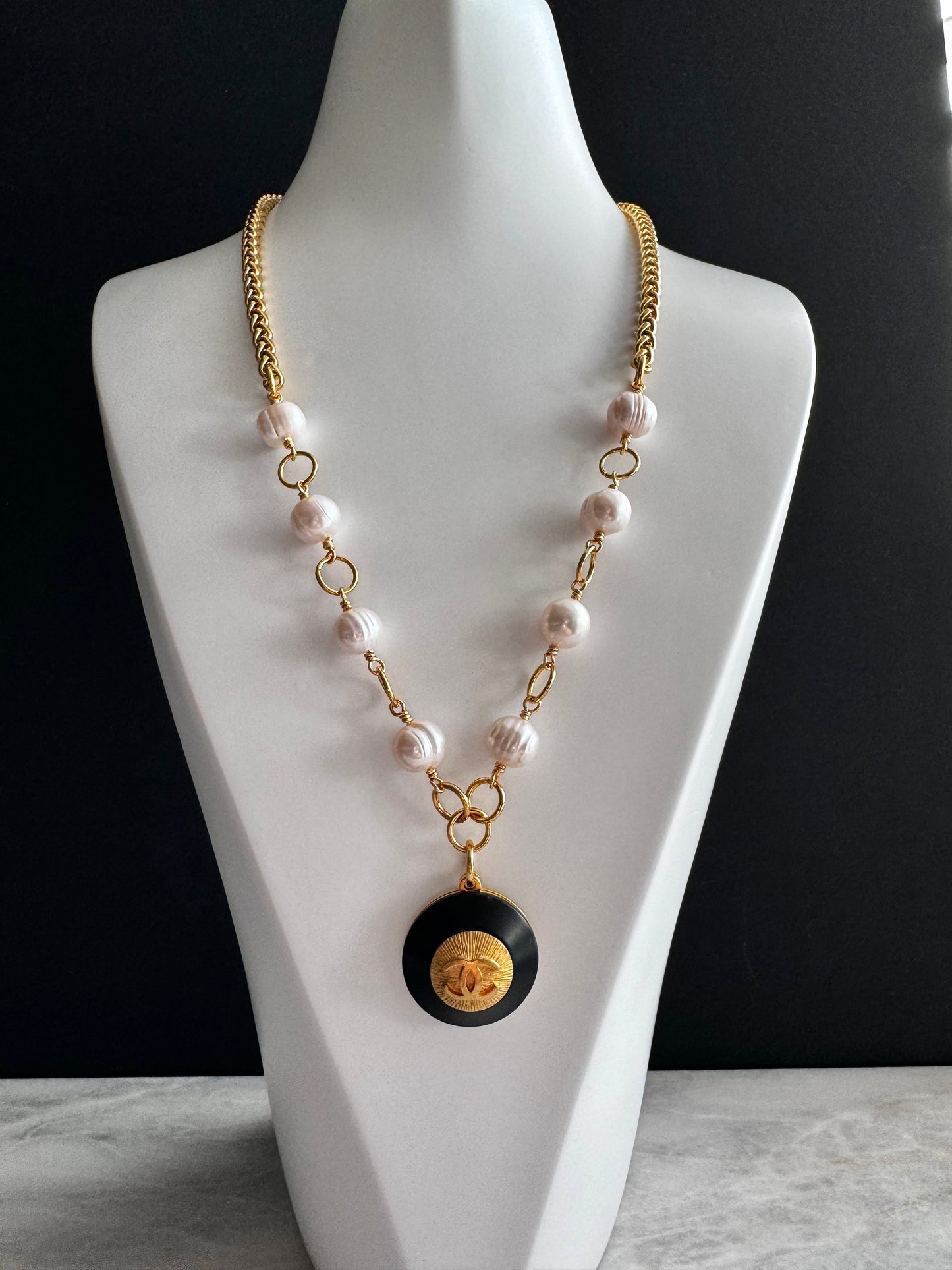 Huge One of a kind white pearls and Authentic Reworked button necklace