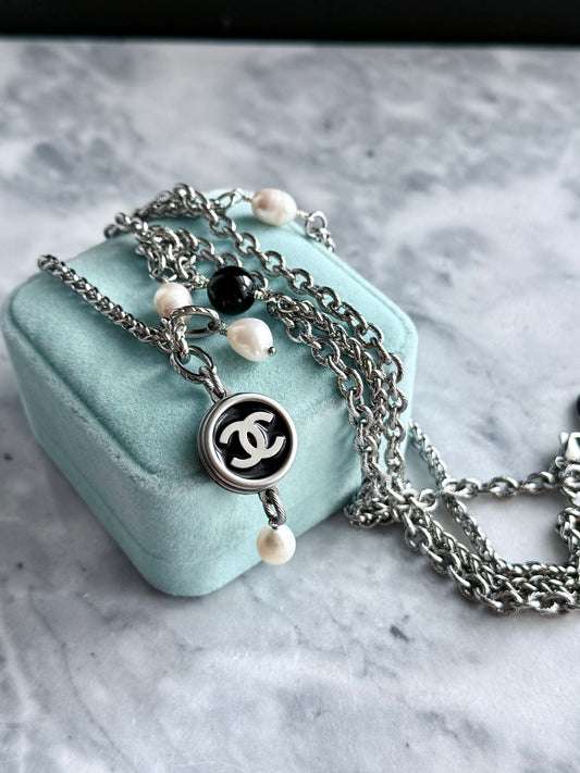 🖤 ONE OF A KIND - Authentic Reworked silver Button Double wrap Necklace