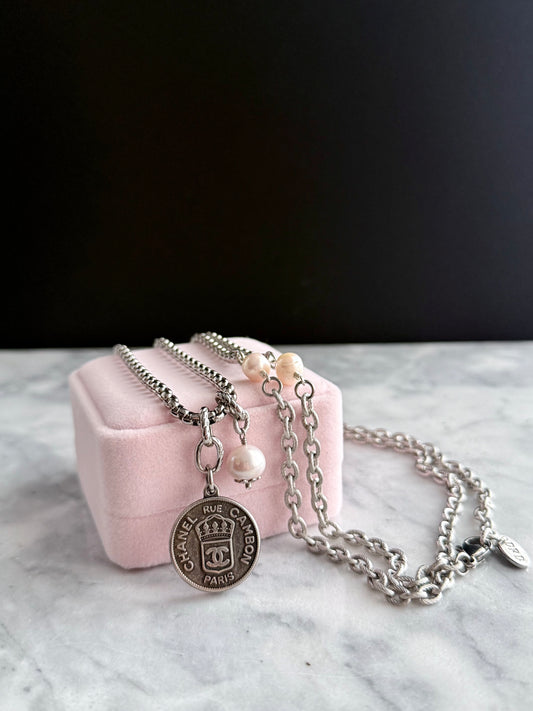 🤍 ONE OF A KIND - Authentic Reworked silver Button Double wrap Necklace