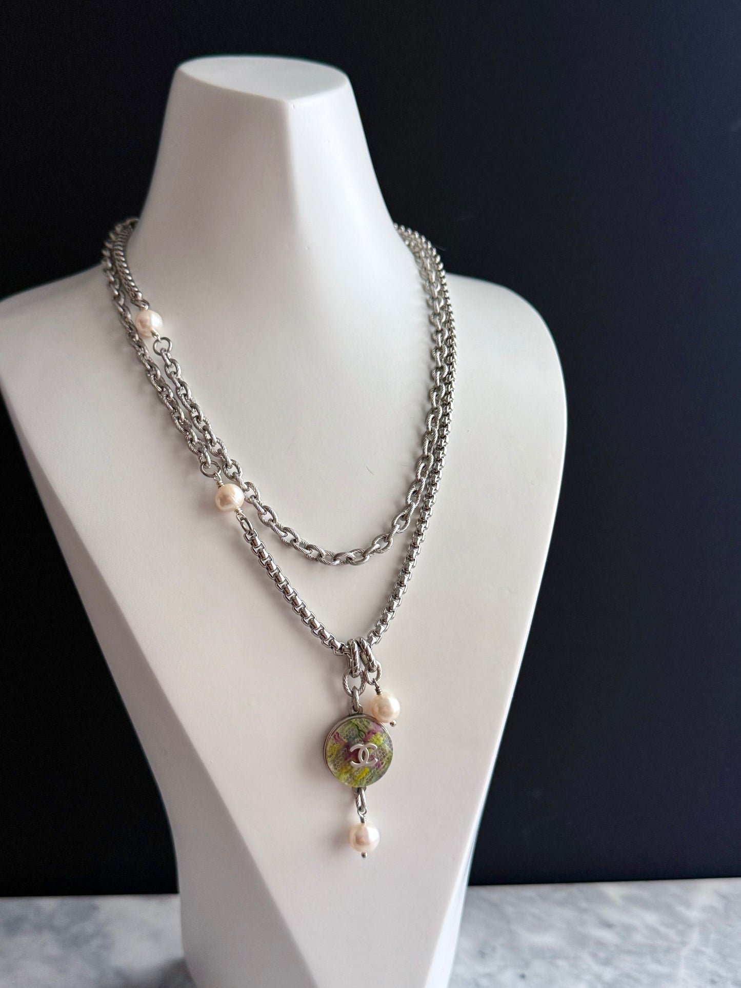 💚 ONE OF A KIND - Authentic Reworked silver Button Double wrap Necklace