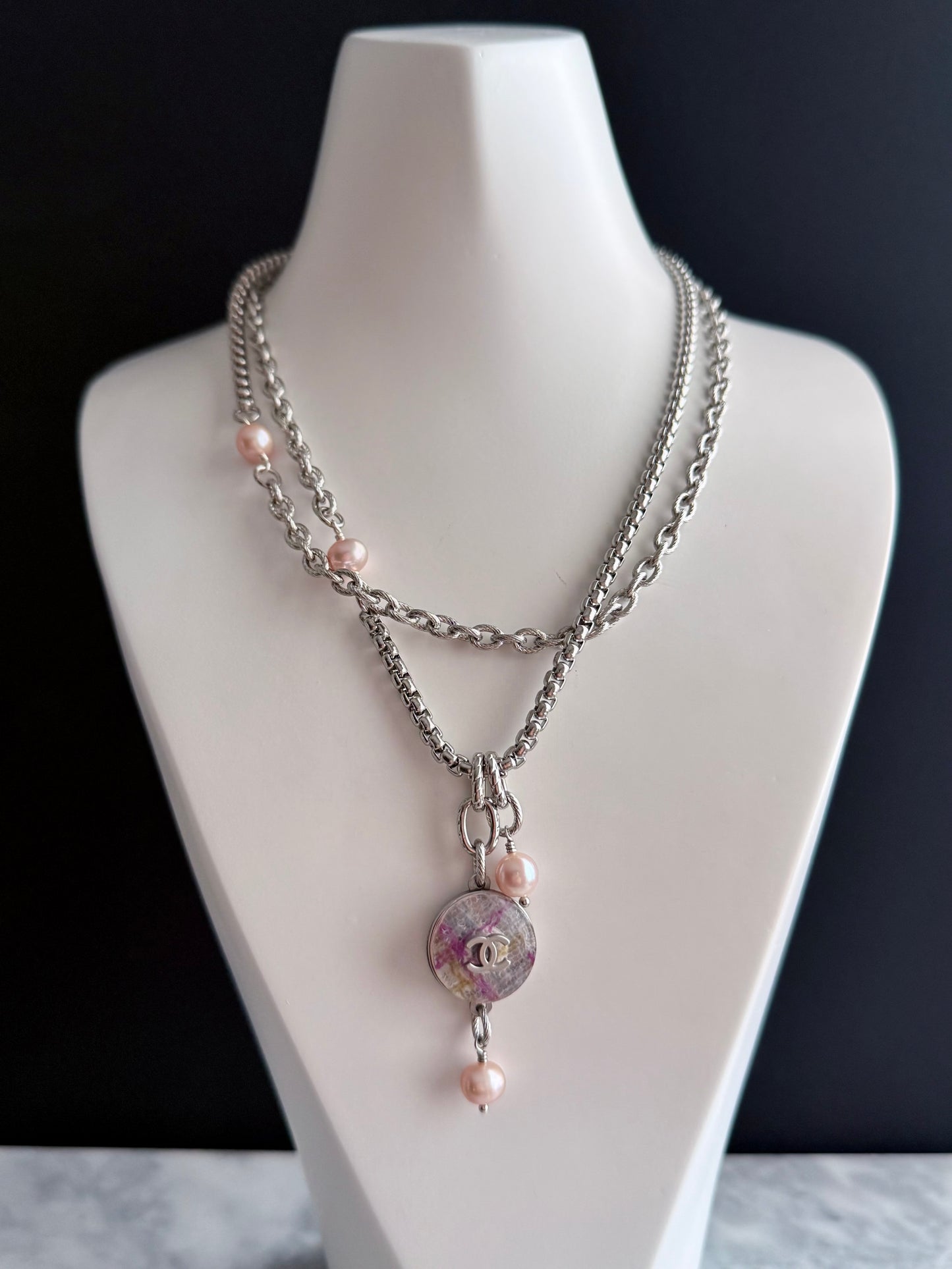 🌸 ONE OF A KIND - Authentic Reworked silver Button Double wrap Necklace
