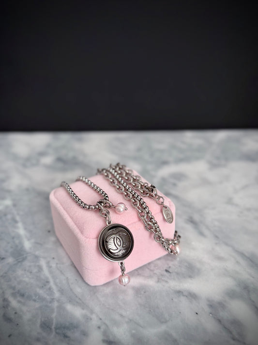 🖤 ONE OF A KIND - Authentic Reworked silver Button Double wrap Necklace